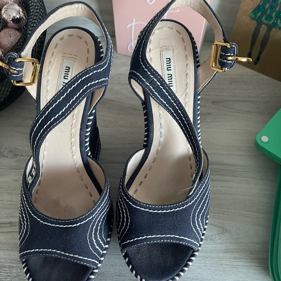 Mui Mui Marine Blue Denim top stitch canvas wedge 6” - Picture 2 of 4